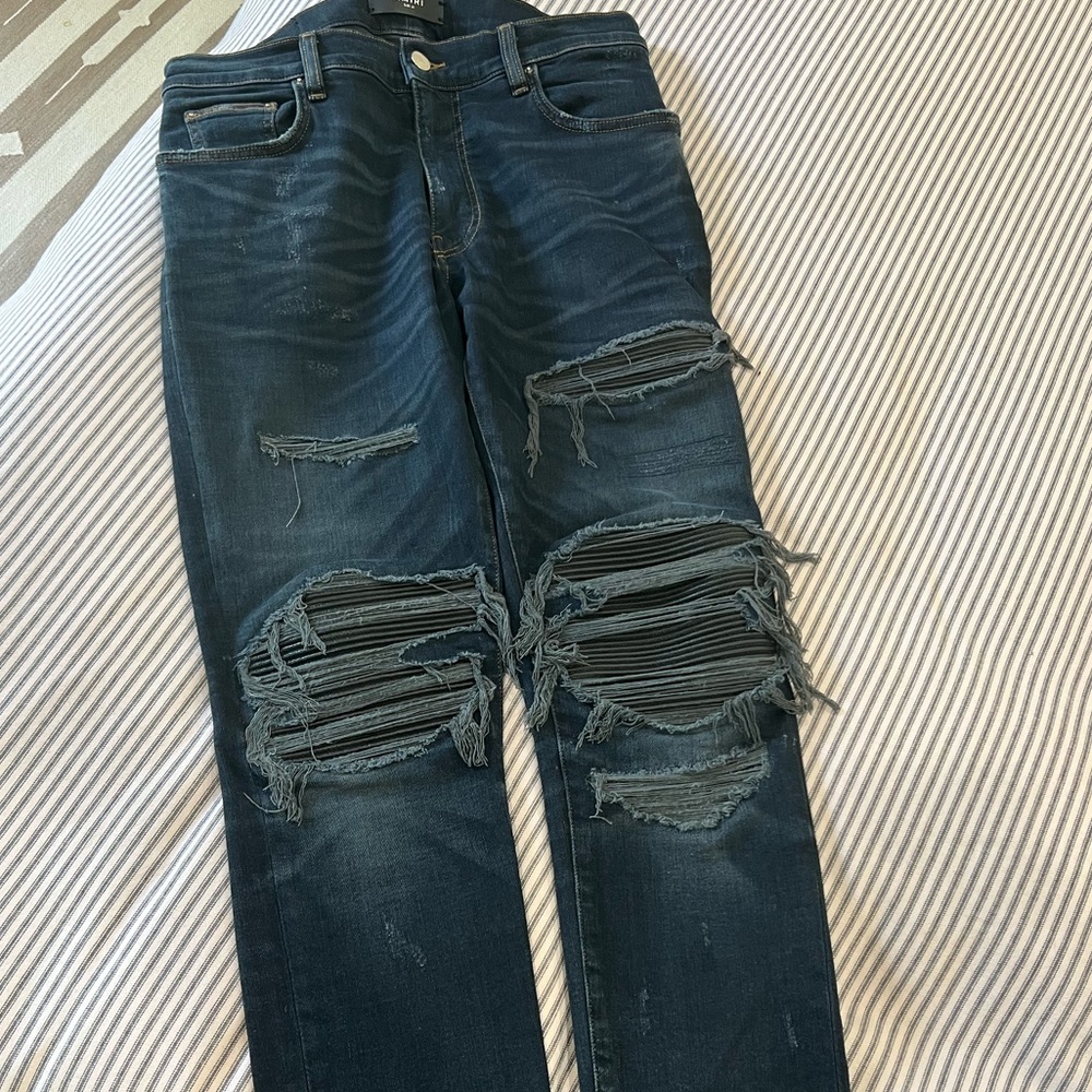 AMIRI men’s MX1 indigo jeans with black leather size 31
